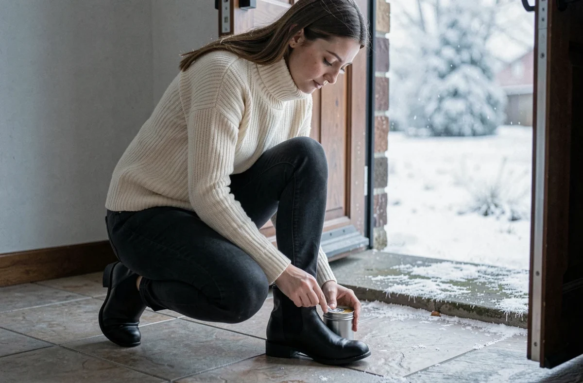 Jeune femme appliquant de la graisse protectrice sur des bottines en cuir noir à l'entrée d'une maison en hiver