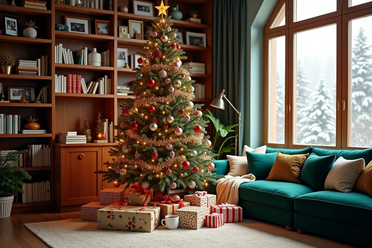 Grand sapin de Noël décoré style classique dans un salon familial chaleureux avec cadeaux et étagères de livres