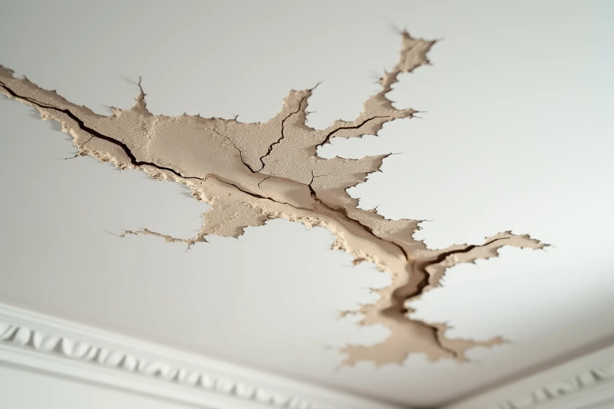 Gros plan d'une fissure de plafond récurrente avec plusieurs couches de réparation visibles