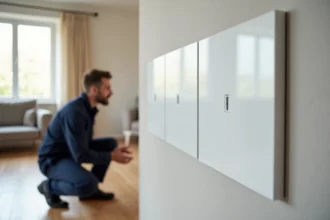 Tableau électrique GTL intégré discrètement dans un mur blanc d'un salon moderne avec finition esthétique soignée