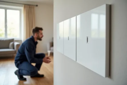 Tableau électrique GTL intégré discrètement dans un mur blanc d'un salon moderne avec finition esthétique soignée