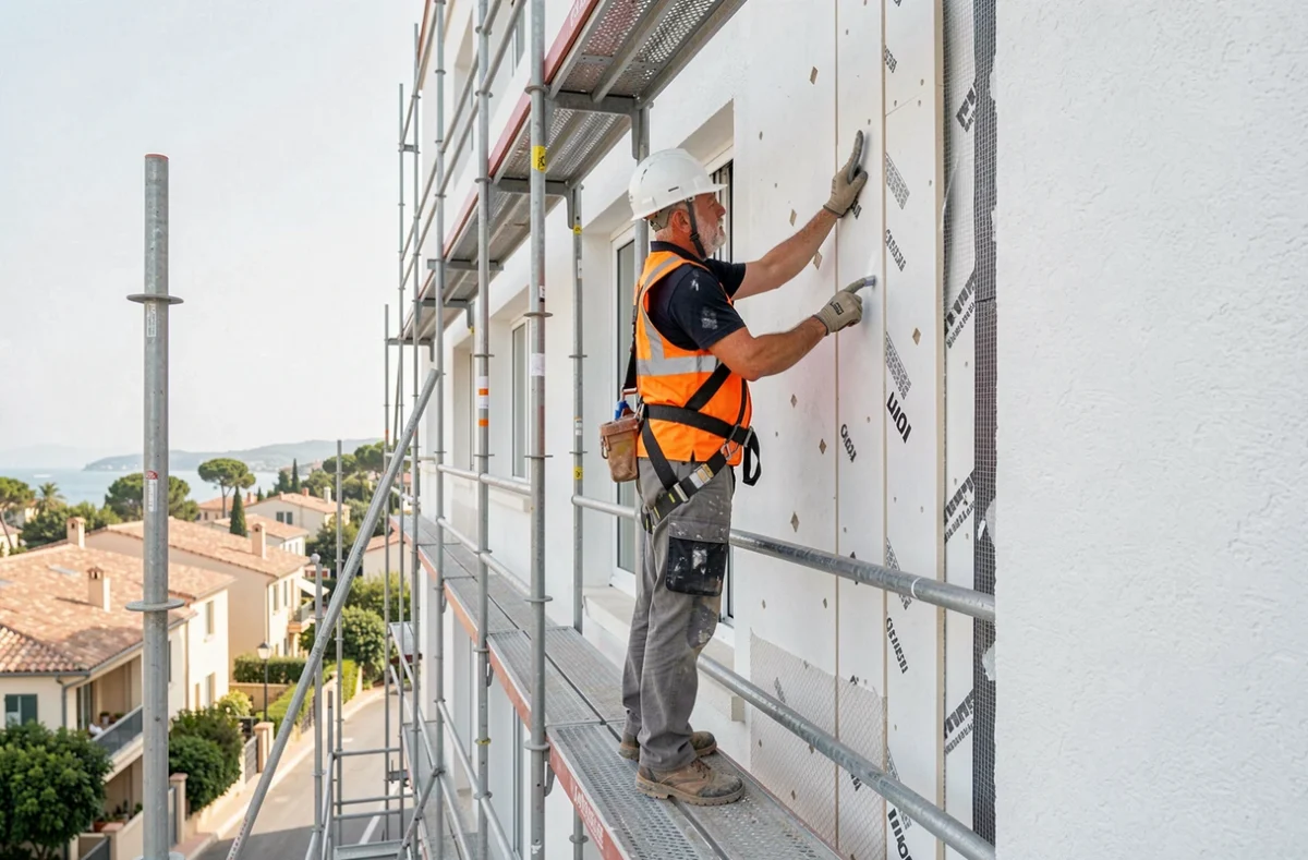 Spécialiste de Homerenov06 appliquant une isolation thermique par l'extérieur sur une façade
