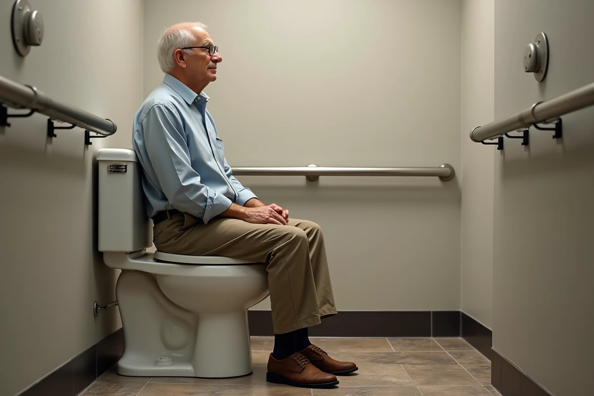Homme âgé assis sur un toilette accessible en salle de bain