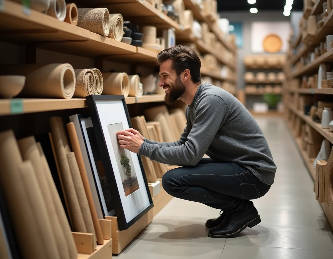 Homme parcourant des affiches encadrées dans une boutique de décoration intérieure à Lyon