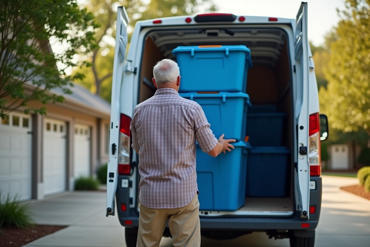 Homme en checkered chargeant des bacs dans une voiture dans la rue