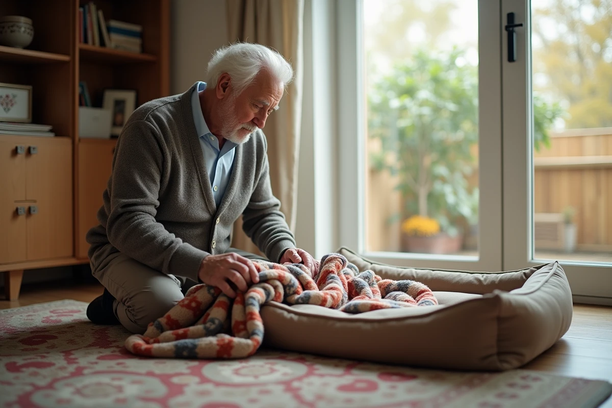 Homme âgé plie une couverture dans le salon lumineux