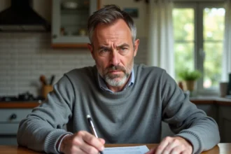 Homme en train de lire un contrat d'alarme Verisure avec une expression préoccupée à la table de sa cuisine