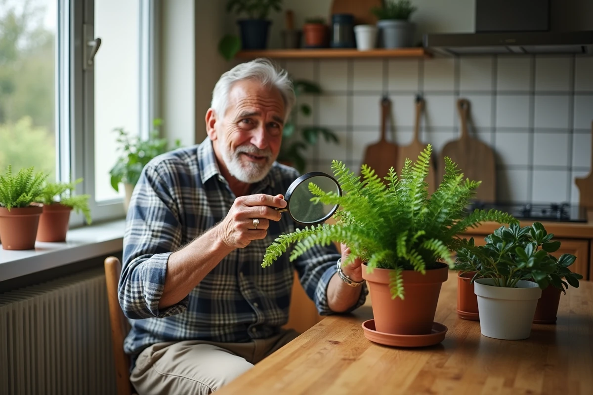 Homme âgé inspectant une fougère avec une loupe dans la cuisine