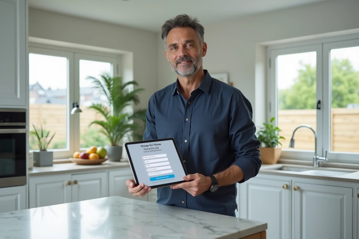 Homme consultant un formulaire d'inscription à un service de maison sur tablette dans une cuisine moderne