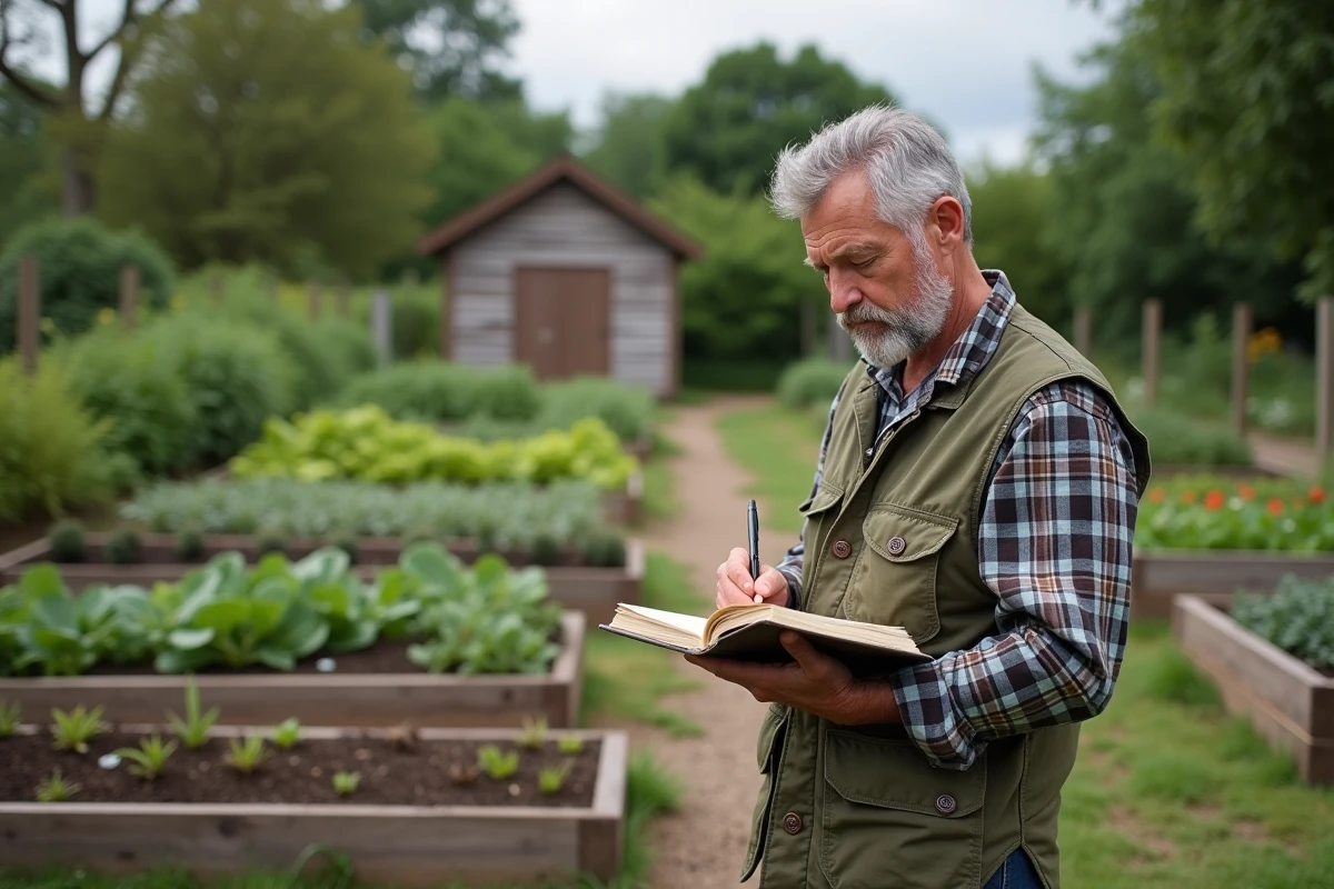 Homme écrivant dans un journal de jardinage dans un potager