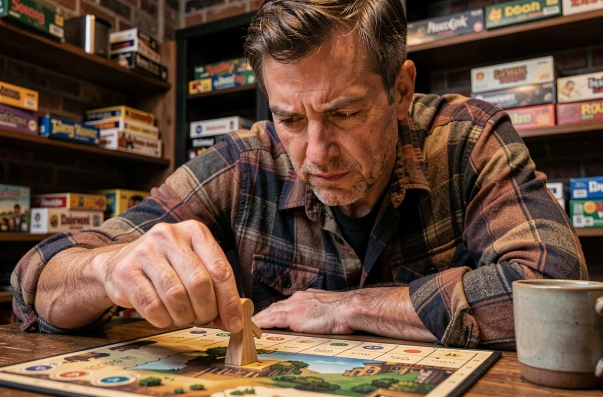 Homme concentré tenant un Meeple en bois au-dessus d'un plateau de jeu dans un café de jeux de société