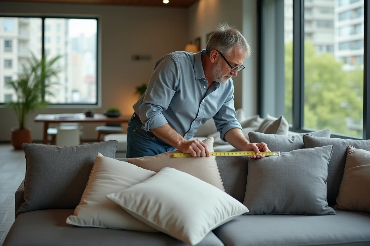 Homme mesurant un coussin avec un ruban dans un appartement moderne