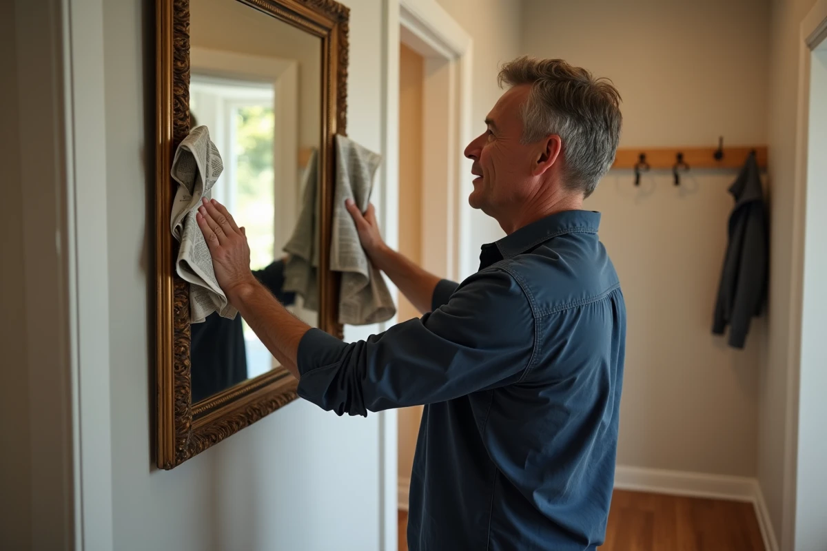 Homme nettoyant un miroir mural avec du papier journal dans un couloir, méthode naturelle sans produit chimique