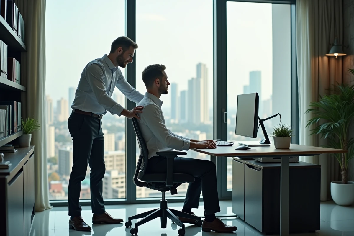 Homme ajustant sa chaise de bureau dans un espace professionnel