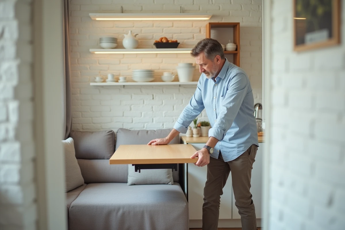Homme pliant une table dans un studio moderne et pratique