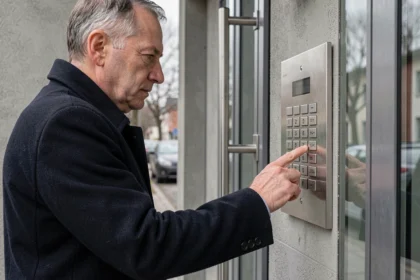 Homme appuyant sur les touches d'un portail digicode en acier inoxydable à l'entrée d'un immeuble résidentiel moderne