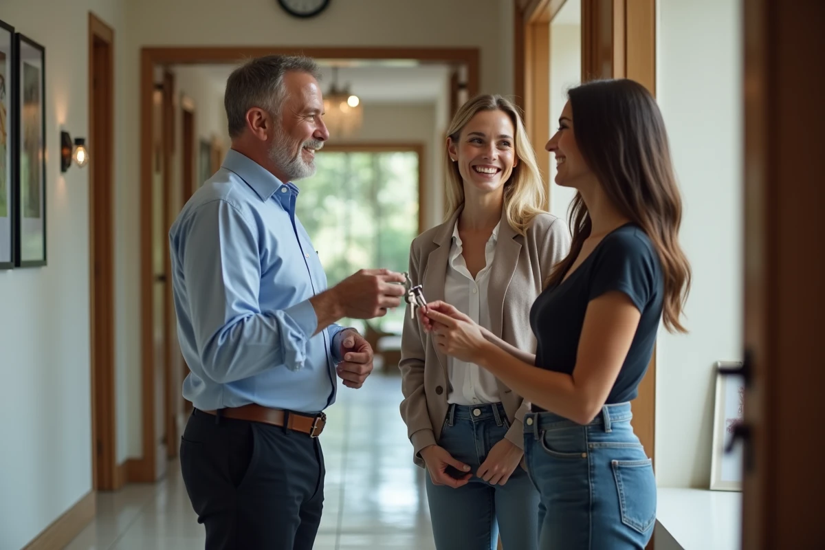 Homme remettant des clés à un couple dans un hall d