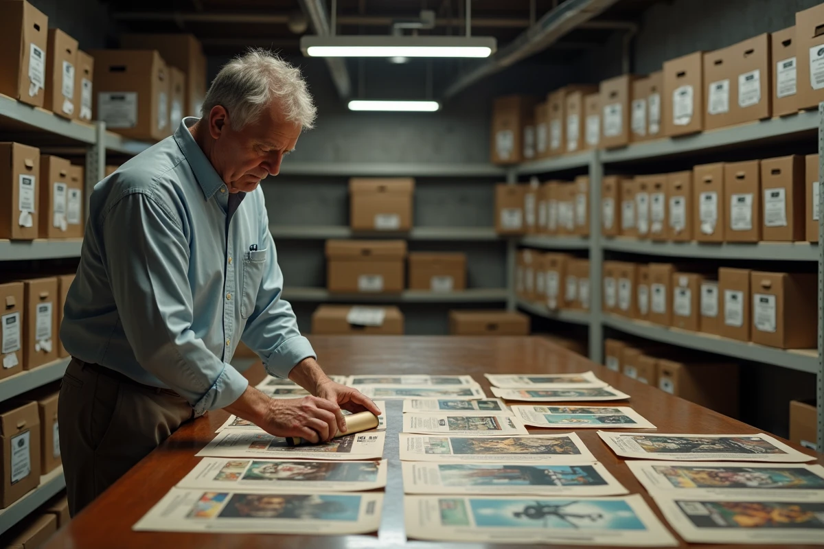 Homme trie des affiches de films vintage dans un sous-sol organisé