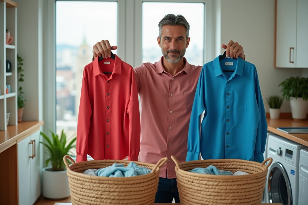 Homme comparant des chemises colorées dans une buanderie urbaine