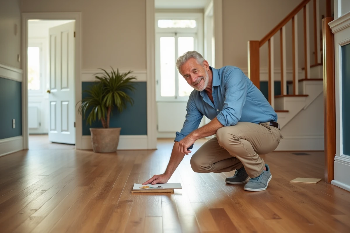 Homme comparant un échantillon de sol stratifié dans un couloir