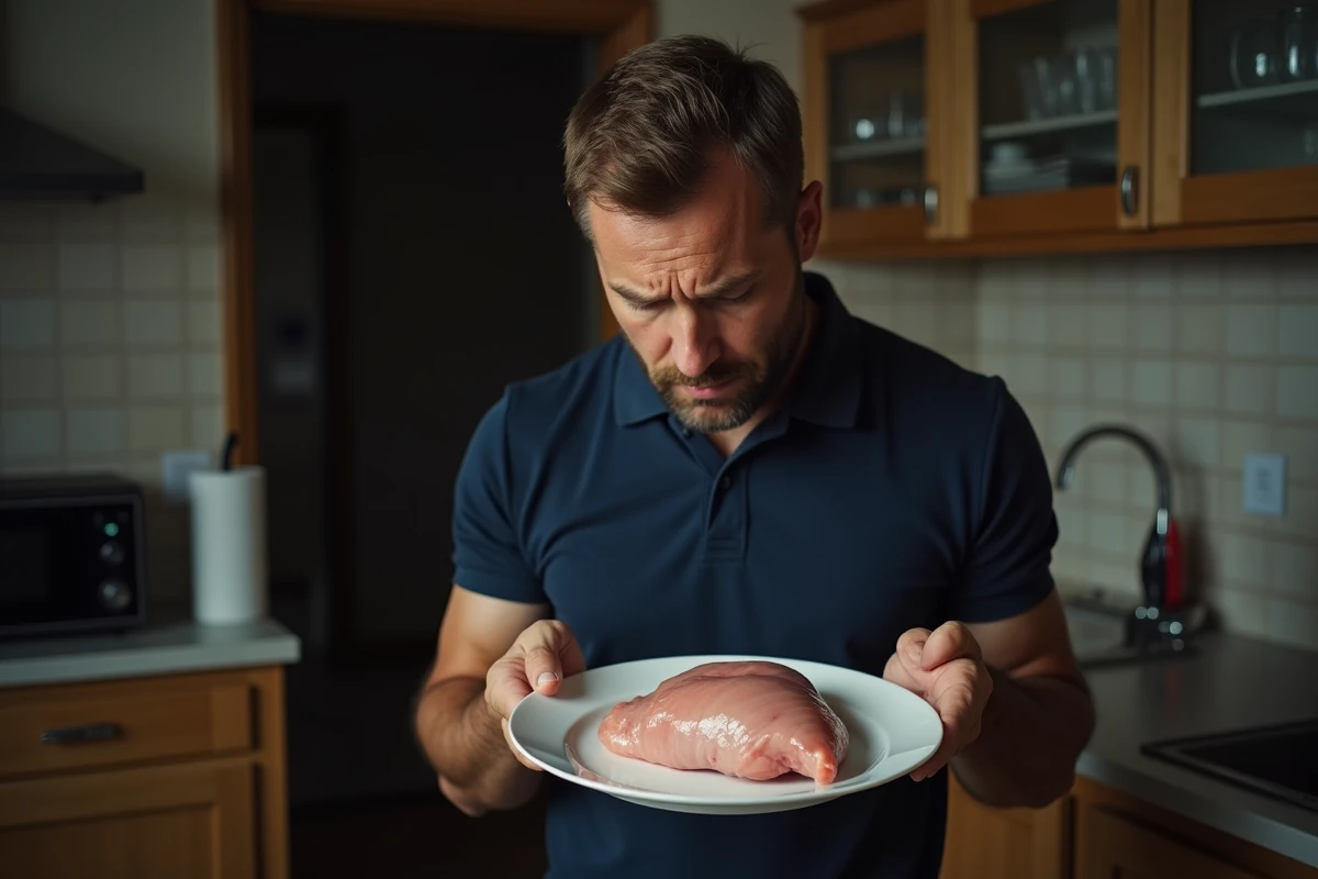 Homme inspectant une viande de poulet décongelée en vérifiant son odeur dans une cuisine domestique