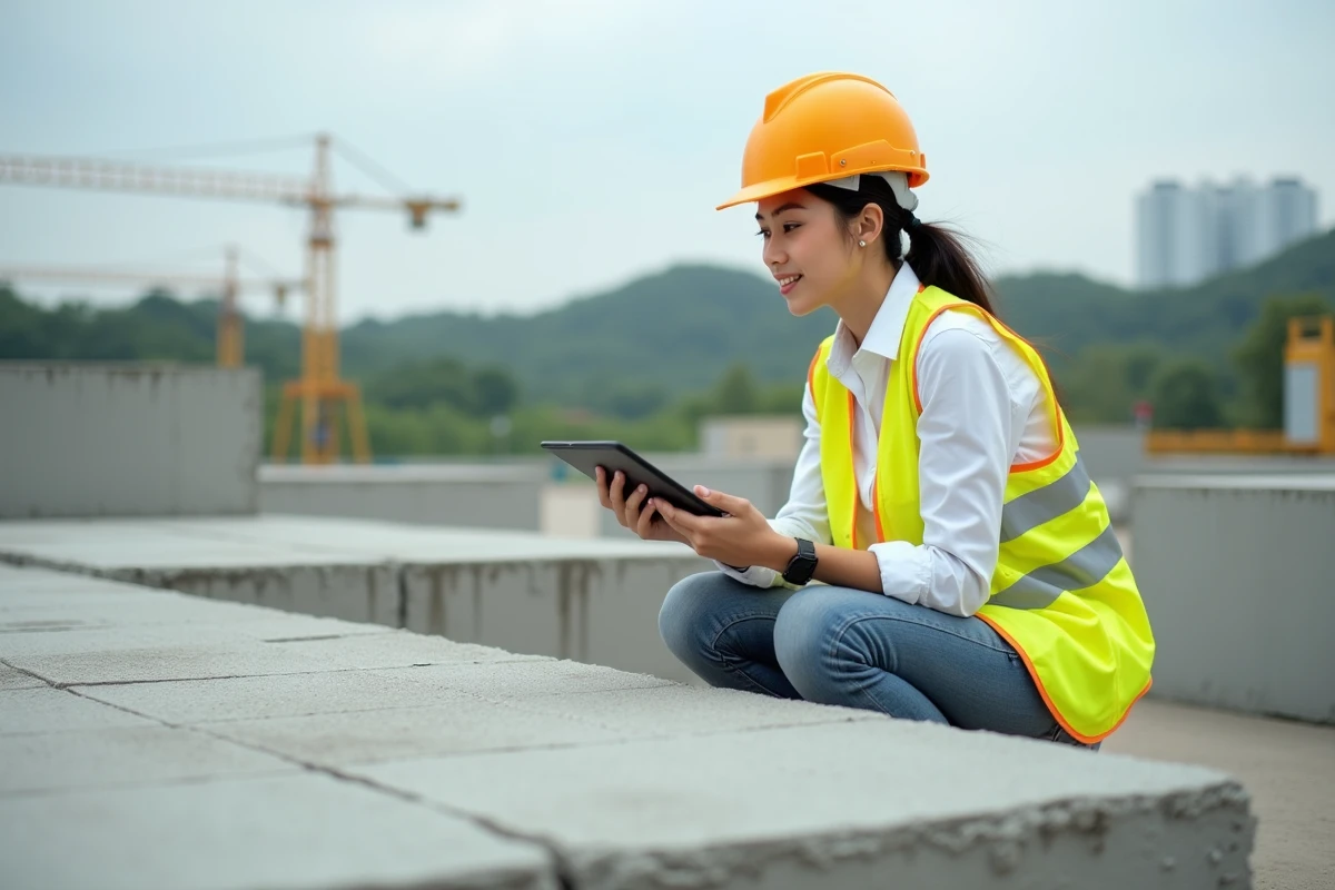 Jeune ingénieure contrôle un mur en béton renforcé dans un site extérieur