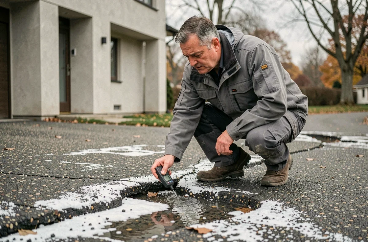 Inspecteur examinant des signes d'alerte sur une allée en mâchefer avec efflorescence et infiltration d'eau
