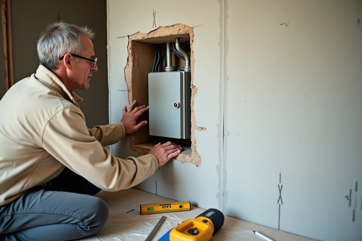 Installation d'un coffret électrique GTL encastré dans une cloison en placo lors d'une rénovation intérieure