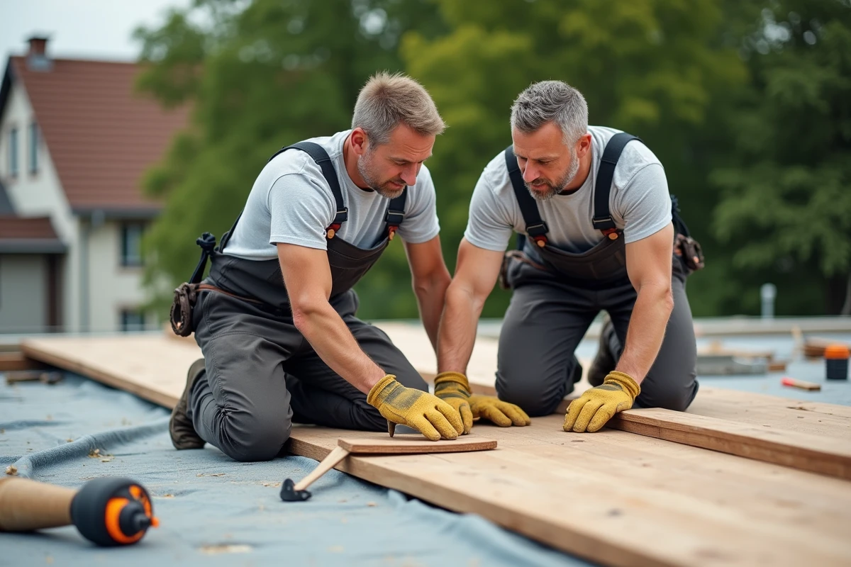 Deux hommes installent des planches de terrasse sur un toit