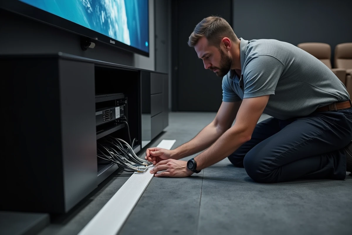 Technicien installant des goulottes pour cacher les câbles dans une salle de cinéma maison