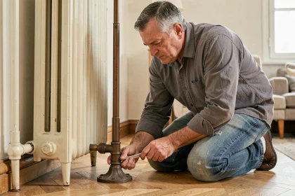 Homme installant un pied de radiateur fonte réglable sur parquet en appartement haussmannien