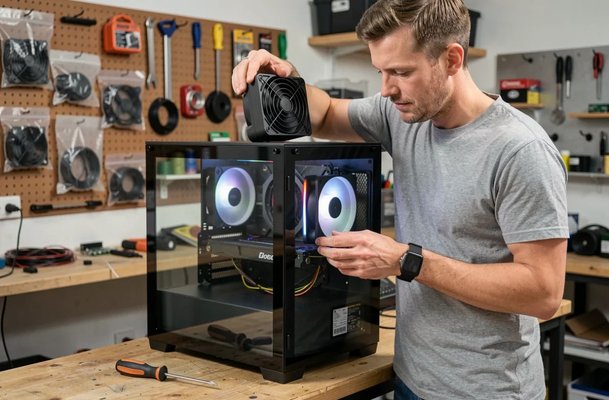 Technicien installant un ventilateur d'extraction 140mm sur le dessus d'un boîtier aquarium pour réduire l'effet de serre thermique