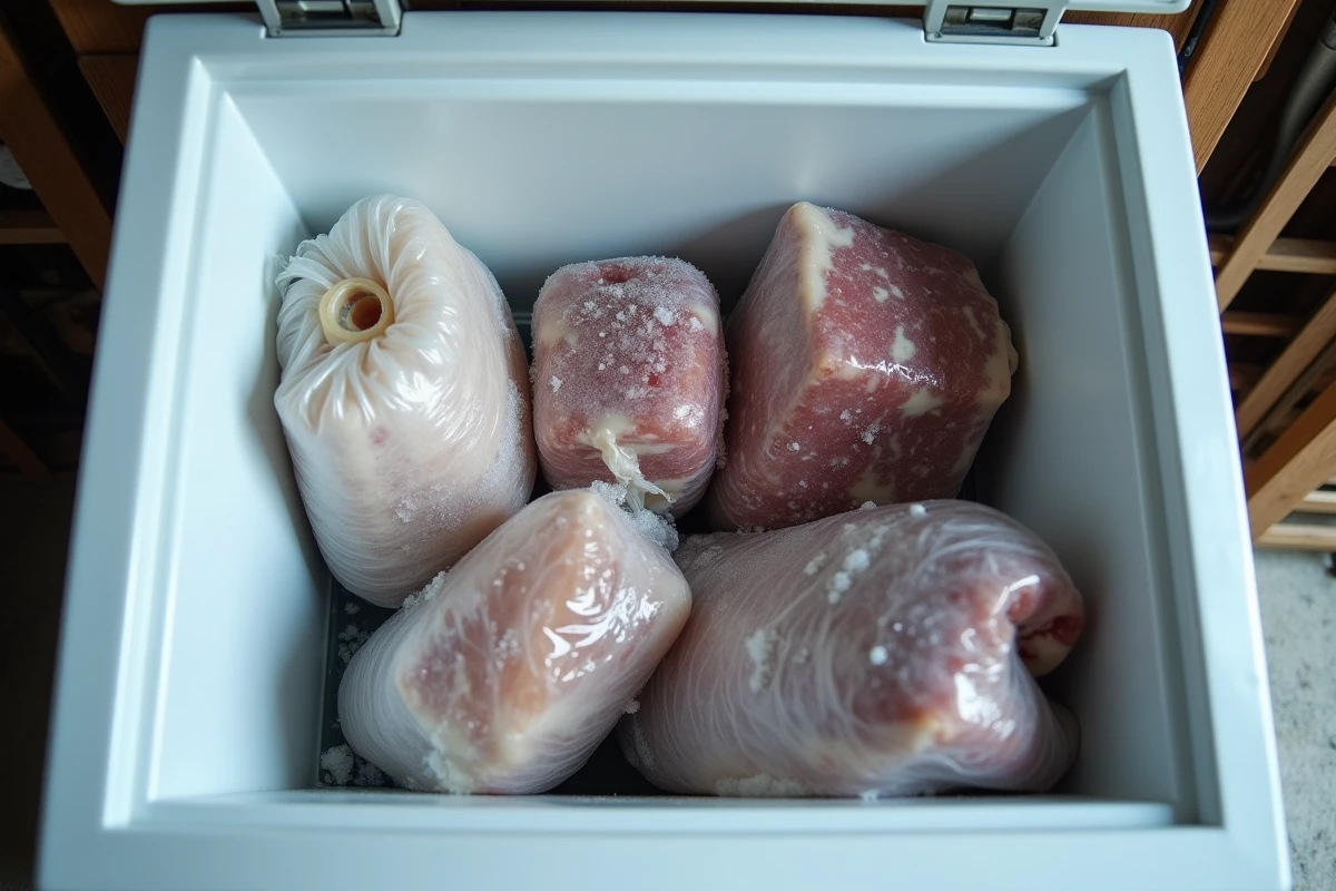 Vue intérieure d'un congélateur coffre ouvert contenant des aliments décongelés et recongelés avec des traces de liquide séché