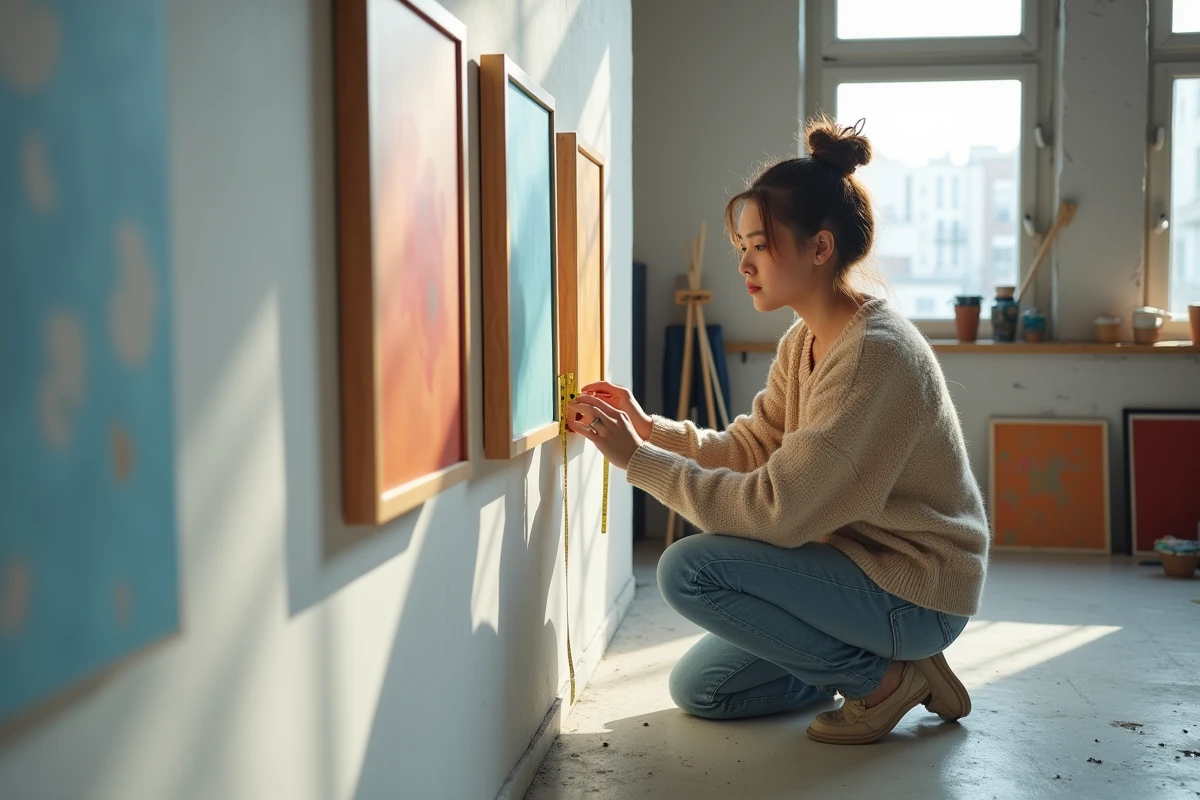 Jeune femme en studio vérifie lespacement des œuvres