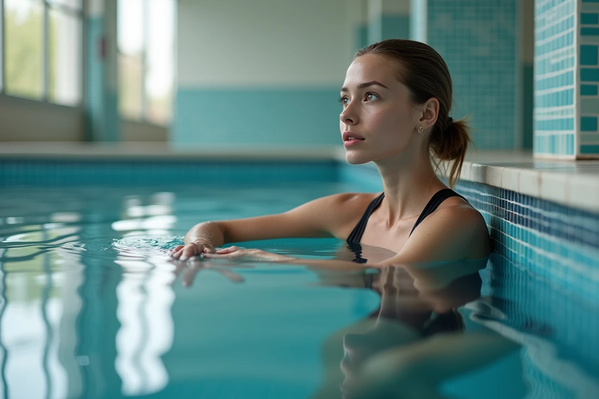 Jeune femme flotte dans une piscine intérieure moderne