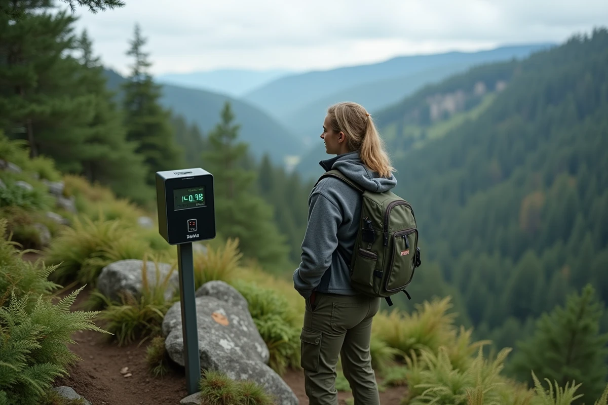 Jeune scientifique environnement dans la forêt avec pluviomètre