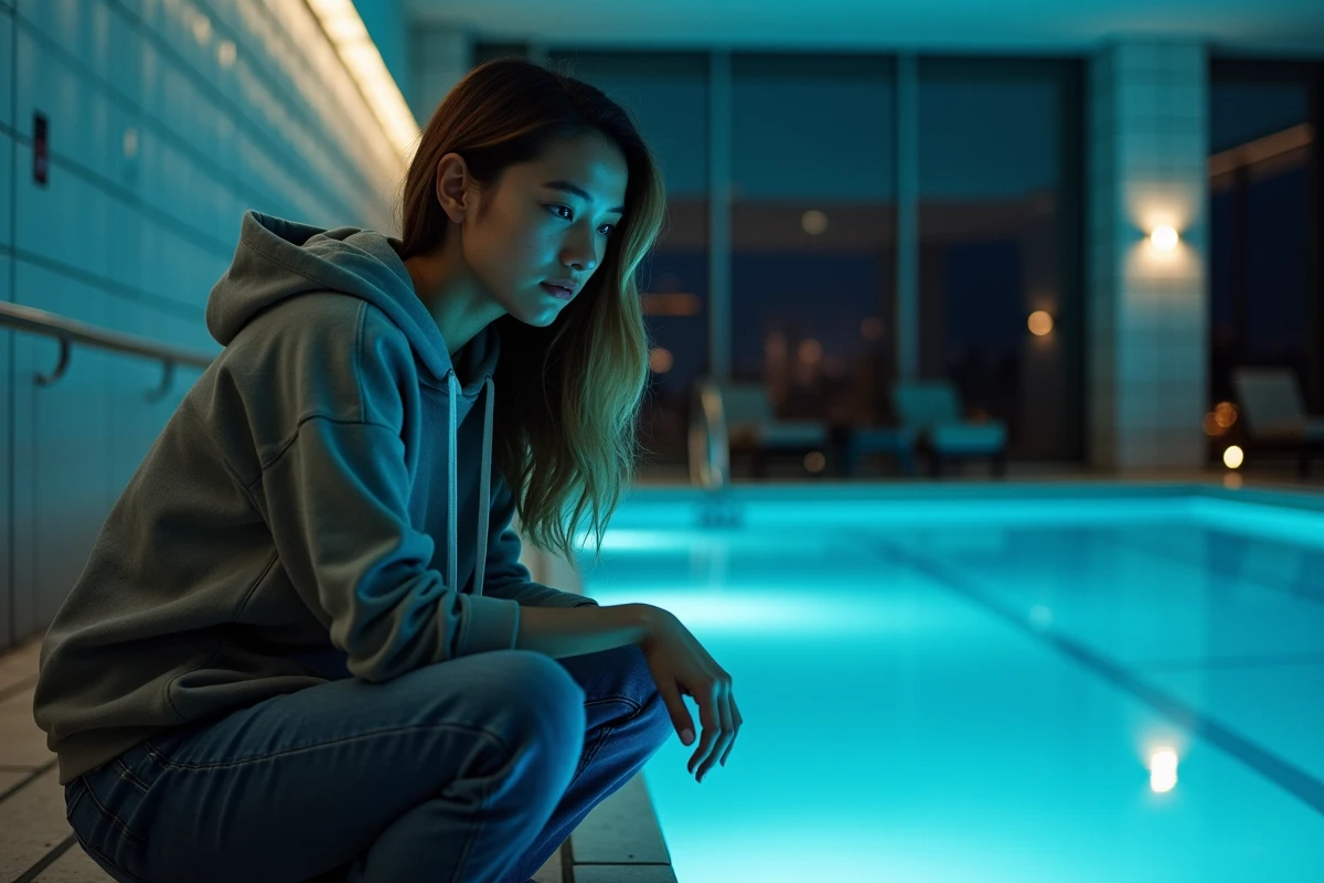 Jeune femme inspectant un panneau de contrôle dans une piscine intérieure