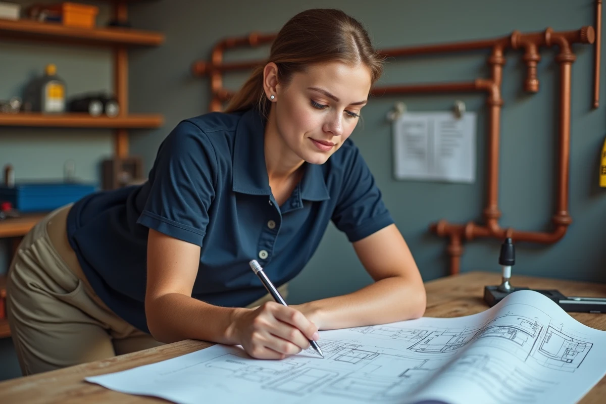 Jeune femme plombier inspectant un plan dans son atelier