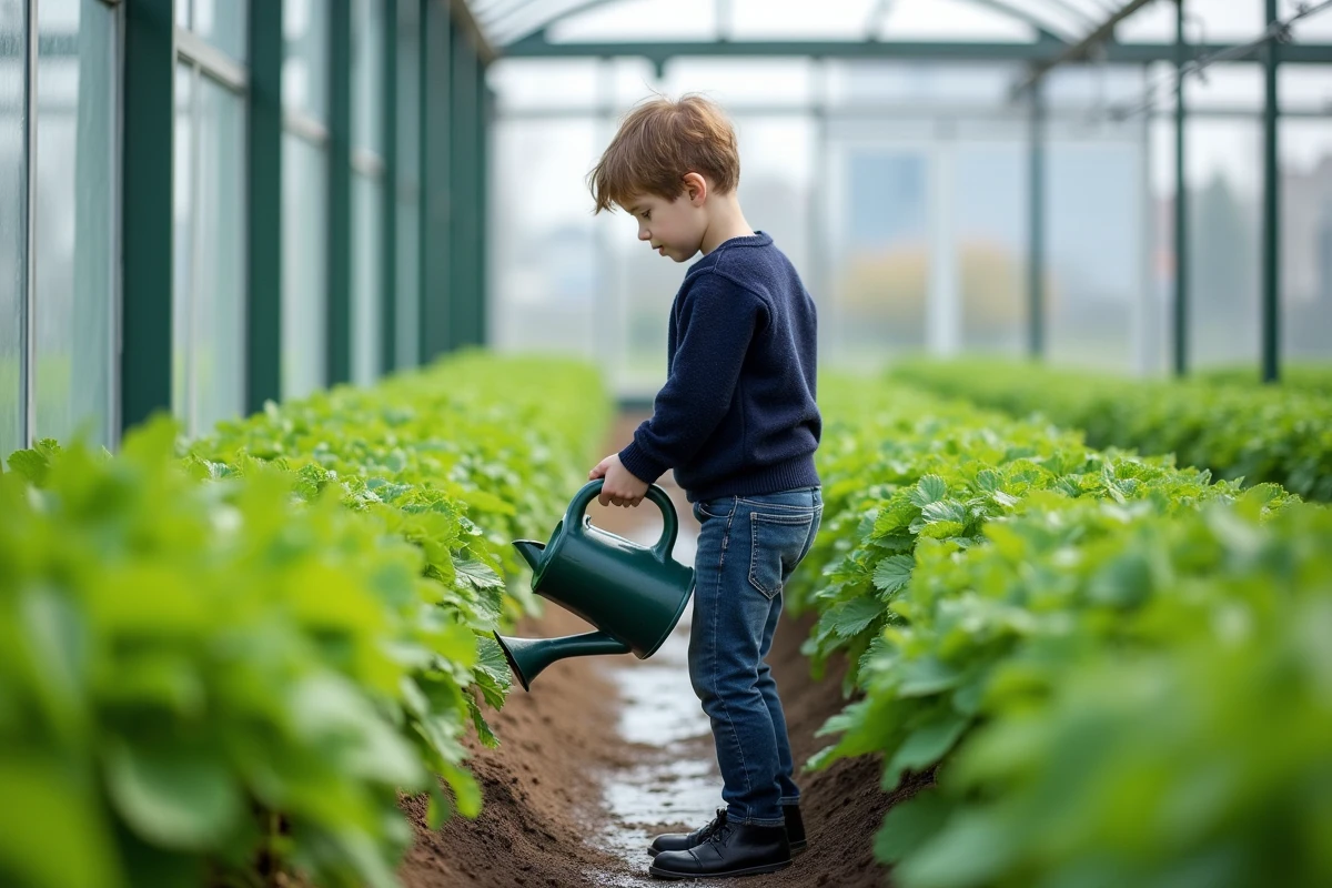 Jeune garçon arrosant des plantes dans une serre moderne