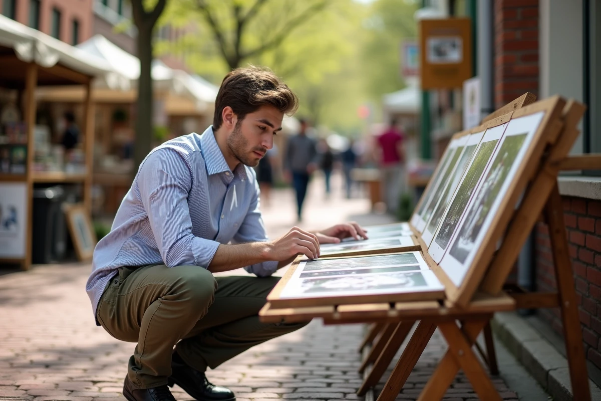 Jeune homme ajustant une photo lors d’un festival en plein air