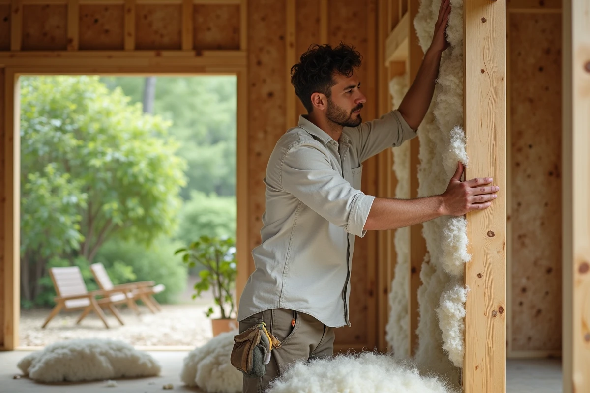 Jeune homme installant laine de mouton dans une maison écologique