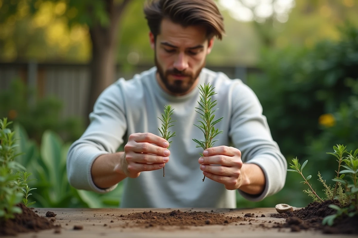 Jeune homme examine des feuilles de romarin et neem dans le jardin