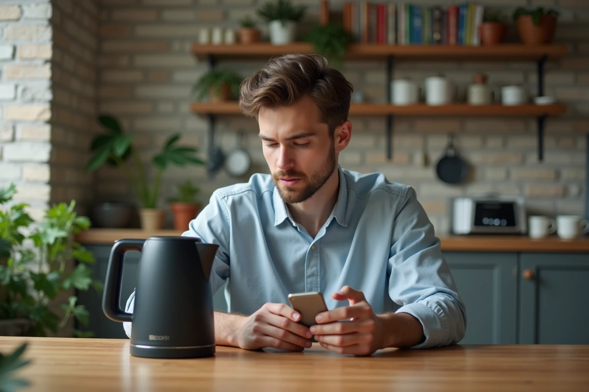 Jeune homme regardant un bouilloire noire dans une cuisine urbaine