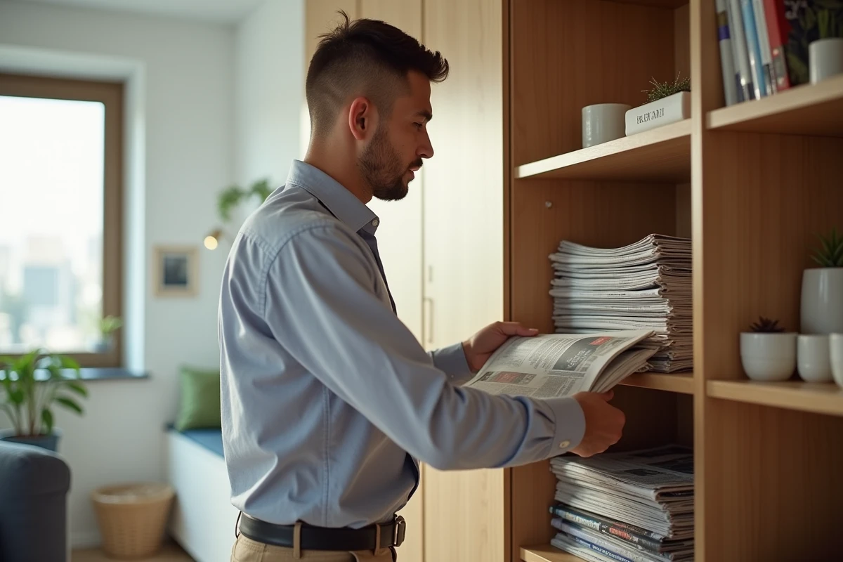 Jeune homme rangeant journaux dans alcôve moderne