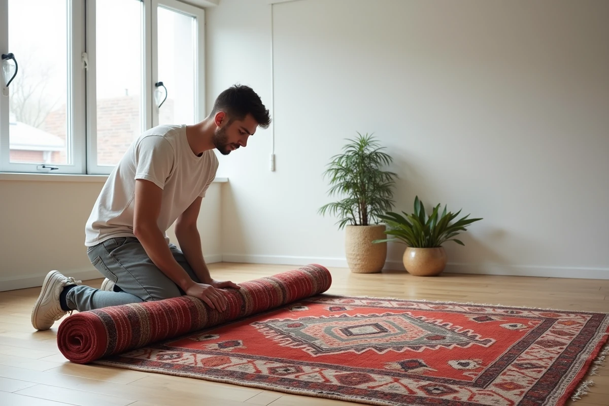 Jeune homme déployant tapis marocain moderne