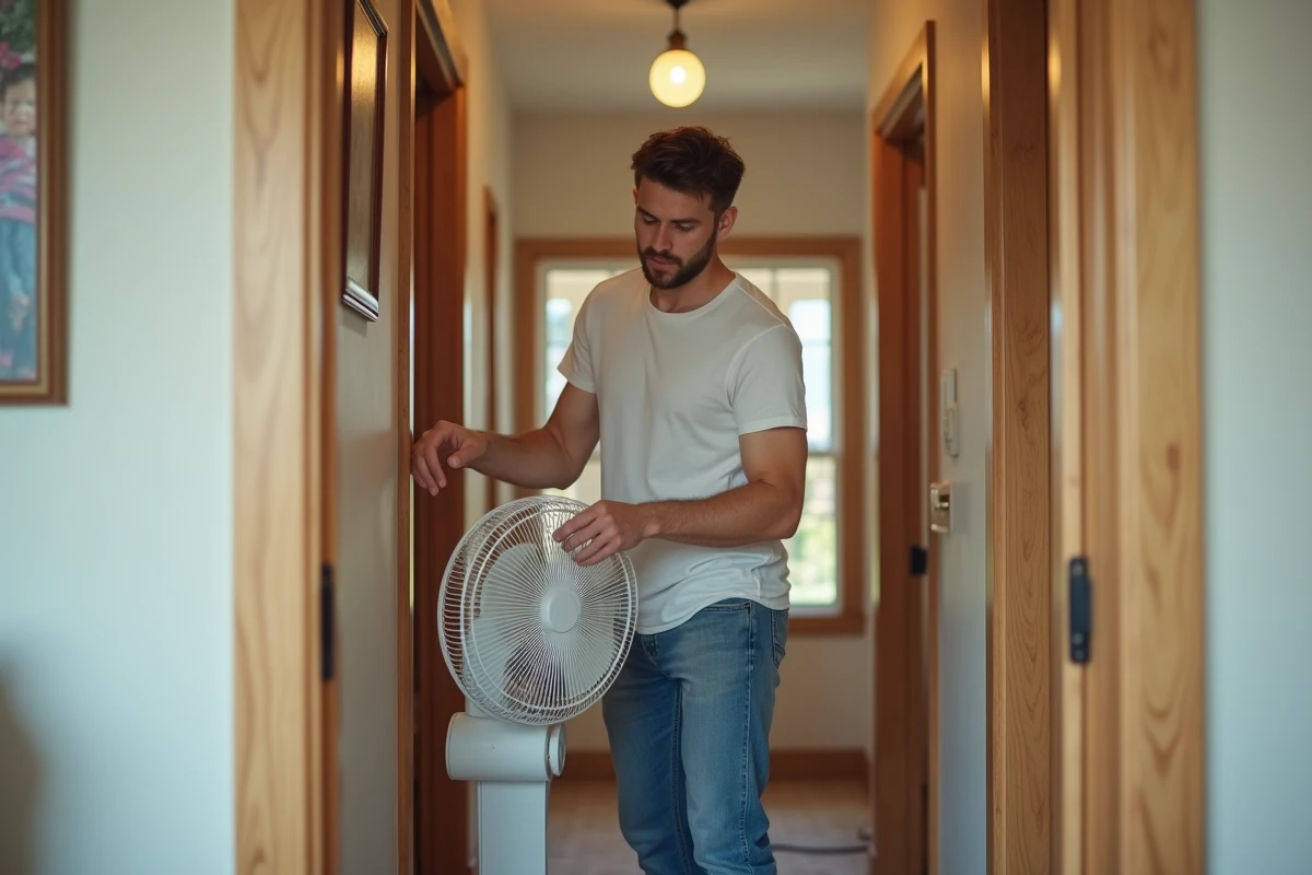 Jeune homme ajustant un ventilateur dans un couloir lumineux