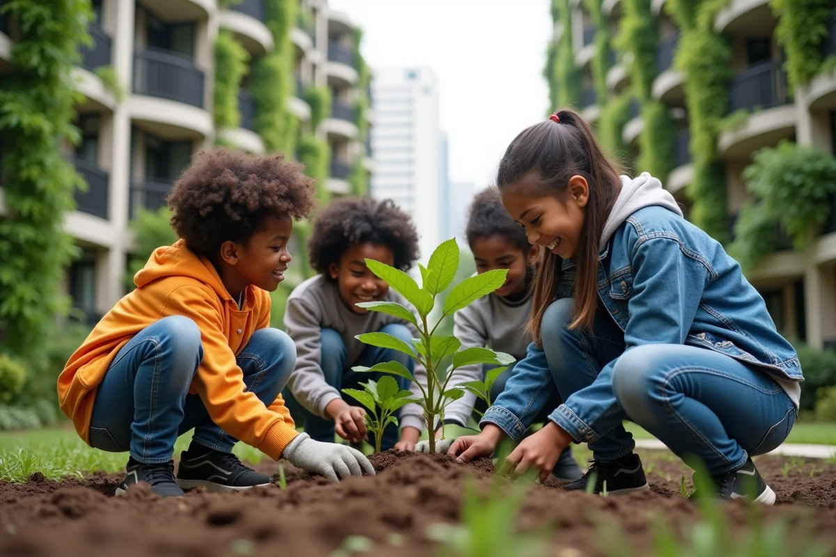 Jeunes plantant arbres dans parc urbain