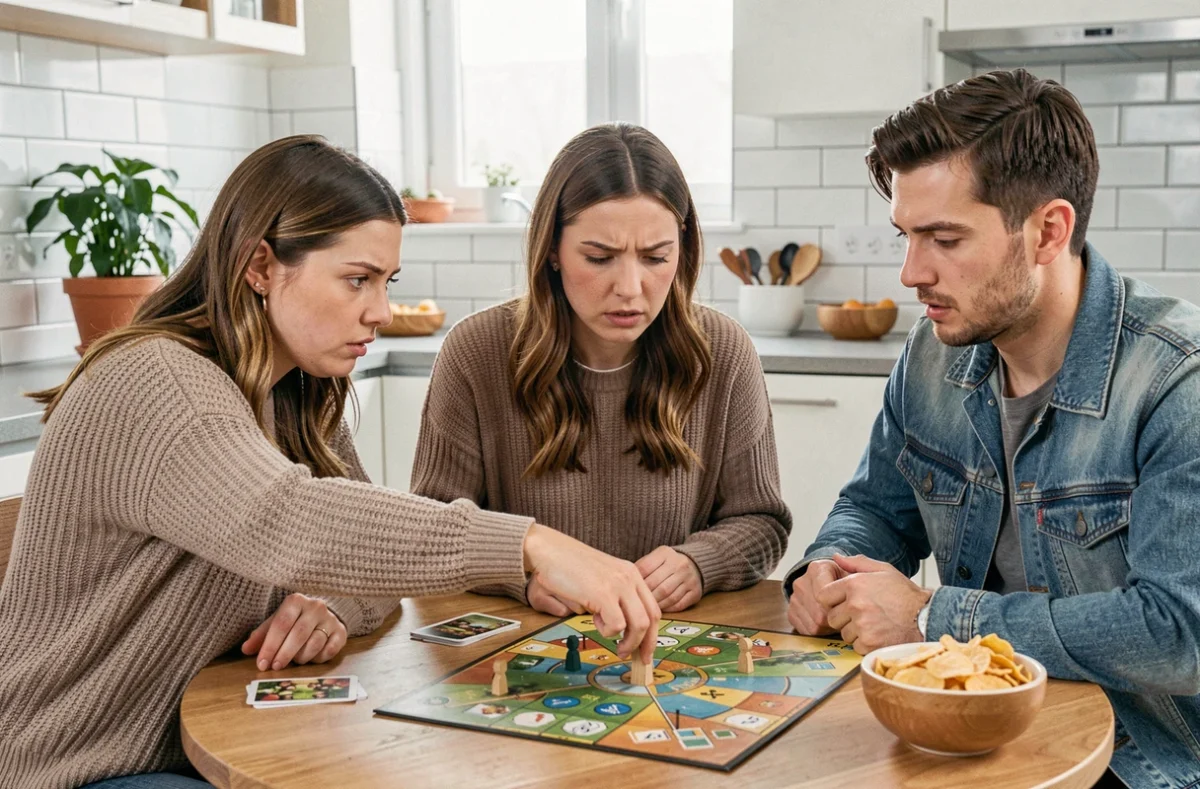 Groupe d'adultes jouant à un jeu de société avec un Meeple posé en urgence sur le plateau de jeu