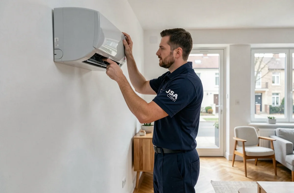 Technicien JSA Clim installant une unité intérieure de climatisation dans un salon moderne