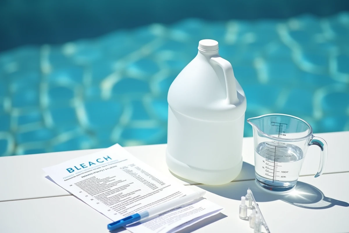 Kit de dosage javel piscine avec mesurette et test d'eau posés sur une table de jardin